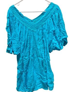 Turquoise Off-Shoulder Smocked Yoke Women’s Top